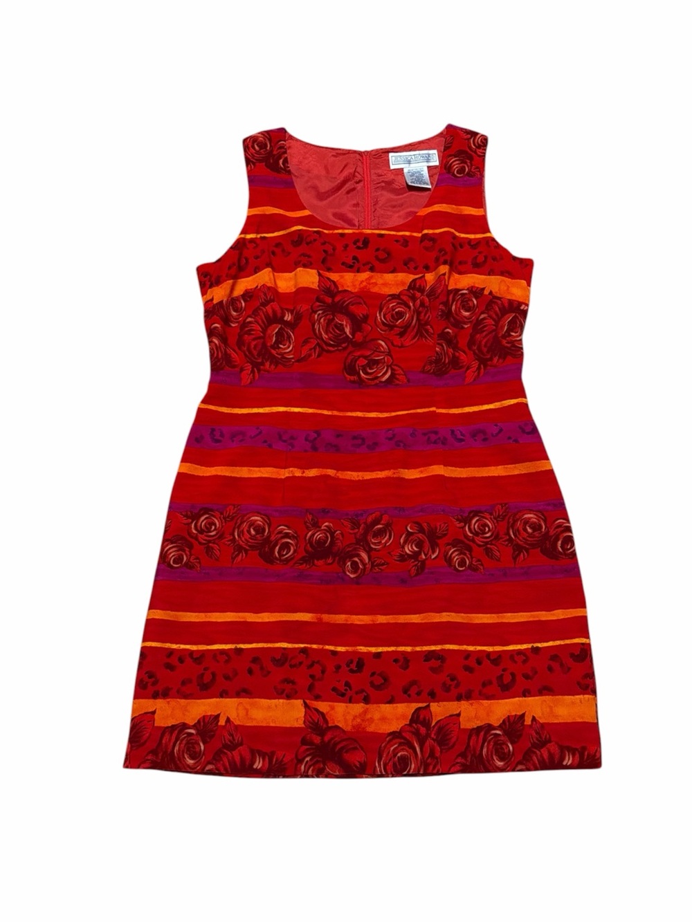 Vintage Jessica Howard Sleeveless Dress Women’s 14 Red Stripes Animal Print 90’s